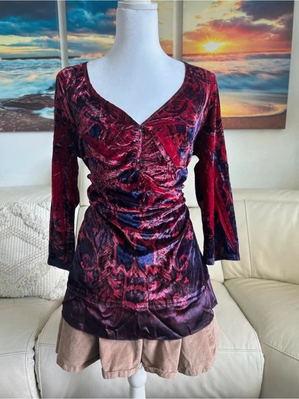 ONE WORLD Red and Navy Velvet Ruched Long-Sleeve Top